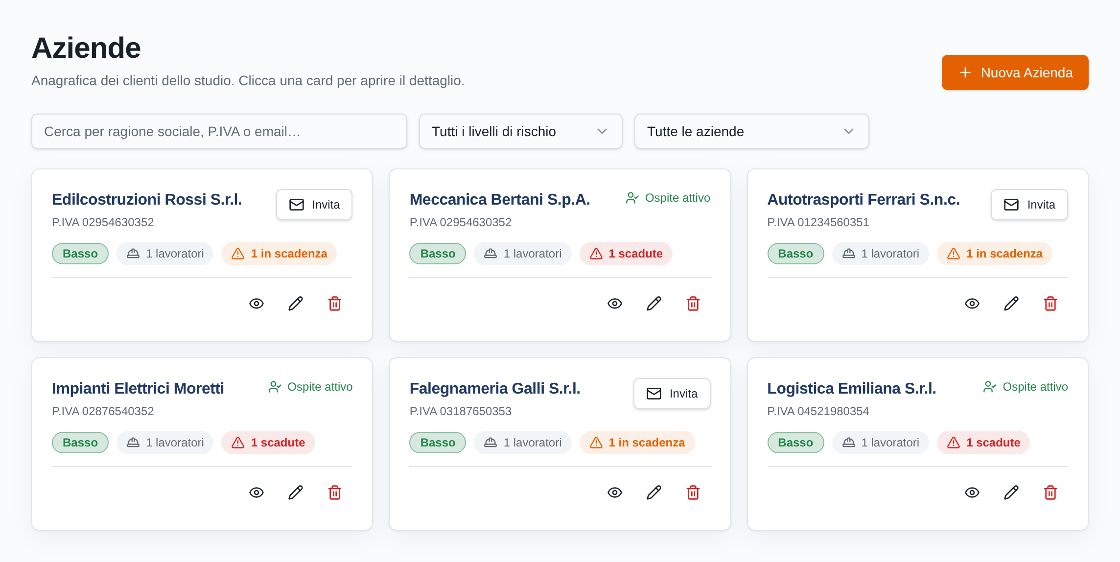 Elenco delle aziende clienti in Doc81 con badge di rischio e scadenze
